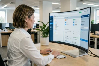 Administratrice réseau configurant un serveur de messagerie électronique sur un écran courbe dans un bureau professionnel moderne