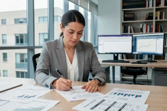 Chercheuse en train d'analyser des données multivariées avec des graphiques et tableaux statistiques sur un bureau en bois dans un bureau moderne