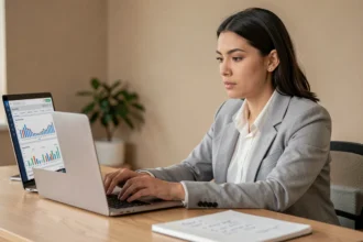 Femme analysant des mots-clés SEO à courte et longue traîne sur un écran d'ordinateur dans un bureau moderne