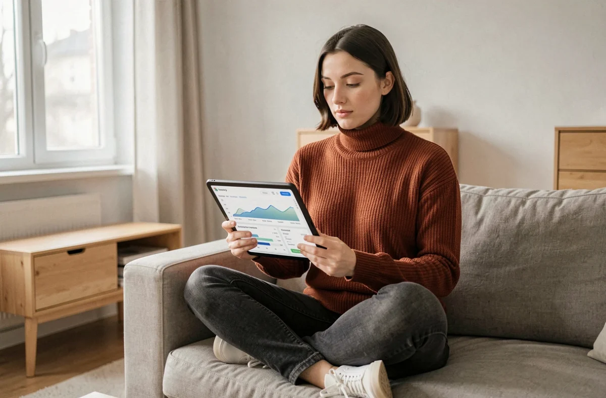 Jeune femme consultant un tableau de bord d'analyse de mots clés sur une tablette dans un salon minimaliste