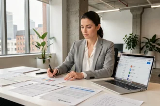 Responsable marketing analysant un budget SEO sur des rapports imprimés et un ordinateur portable dans un bureau moderne
