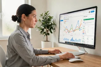 Femme analysant les statistiques de trafic d'un site web sur un écran d'ordinateur dans un bureau moderne