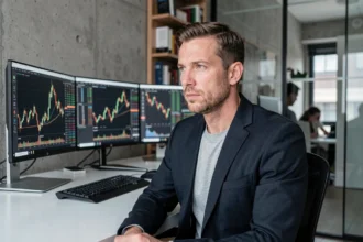 Analyste crypto assis devant plusieurs écrans affichant des graphiques de cryptomonnaies dans un bureau moderne