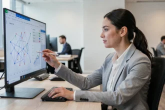 Analyste web féminine examinant des indicateurs de backlinks sur un écran d'ordinateur dans un bureau moderne