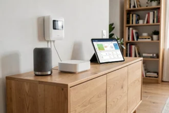 Ensemble d'appareils IoT connectés dans un salon moderne avec thermostat intelligent, enceinte connectée et tablette domotique
