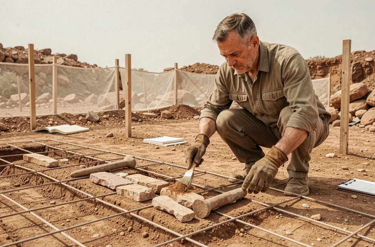 Archéologue fouillant un site préhistorique pour découvrir des outils en pierre, retraçant les origines des premières inventions humaines