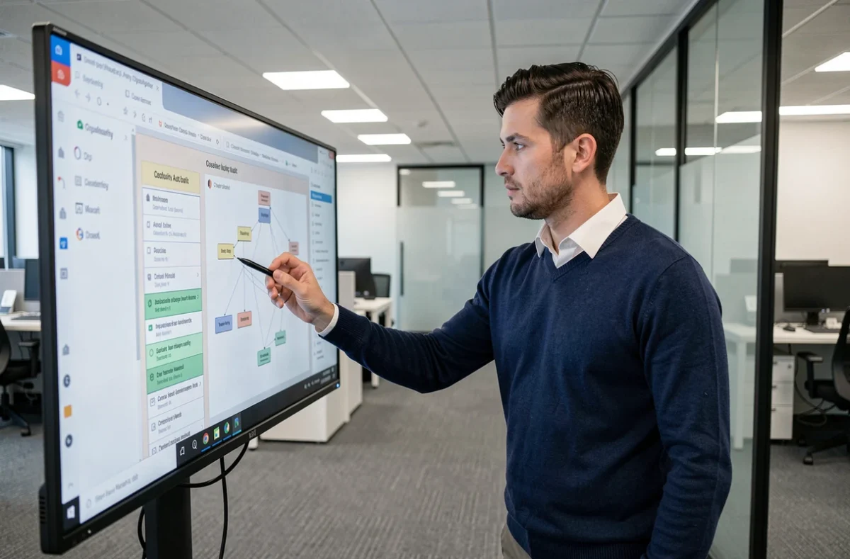 Auditeur informatique débutant analysant des diagrammes de cybersécurité sur un grand écran dans un bureau moderne