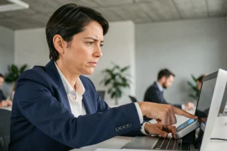 Femme utilisant un scanner d'empreinte digitale pour une authentification biométrique à deux facteurs sur un ordinateur portable en open space
