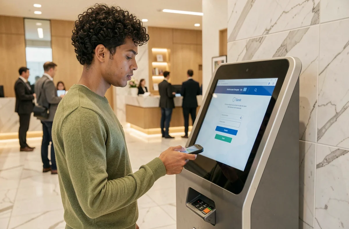 Personne saisissant un code OTP sur un terminal bancaire sécurisé pour une authentification à deux facteurs dans un hall de banque moderne