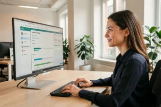 Femme analysant des données d'automatisation marketing sur un écran d'ordinateur dans un bureau moderne