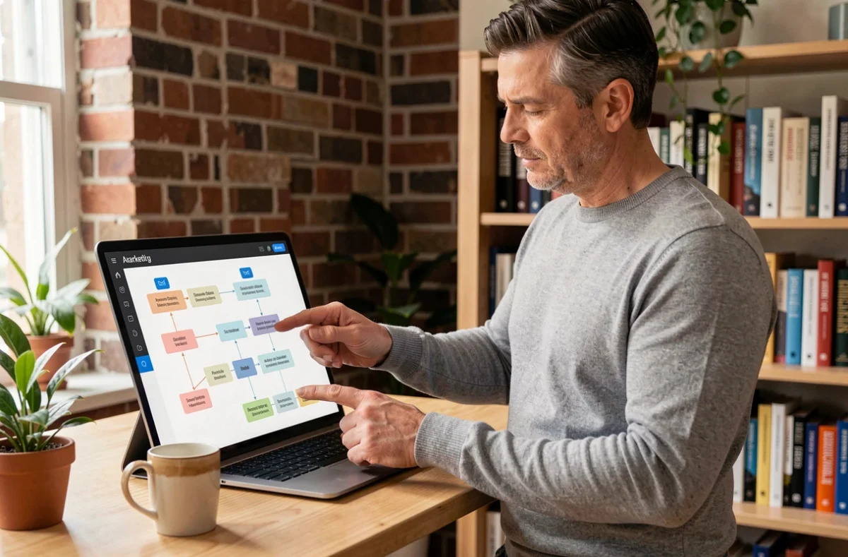 Homme en télétravail gérant un flux de travail d'automatisation marketing sur une tablette