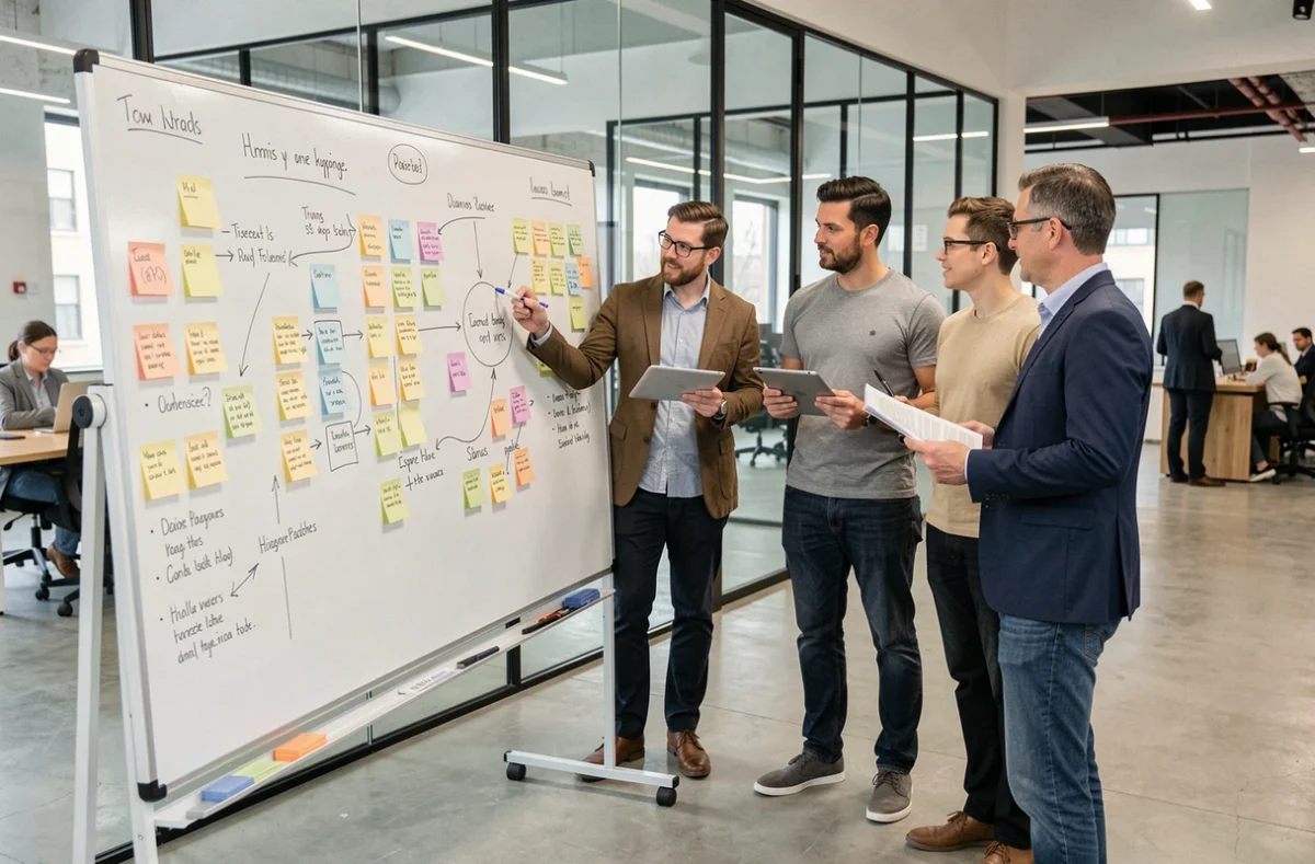 Groupe de collègues en séance de brainstorming collaboratif autour d'un tableau blanc dans un espace de coworking