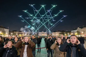 Spectacle de drones nocturne en ville avec des spectateurs couvrant leurs oreilles face au bruit des drones lumineux