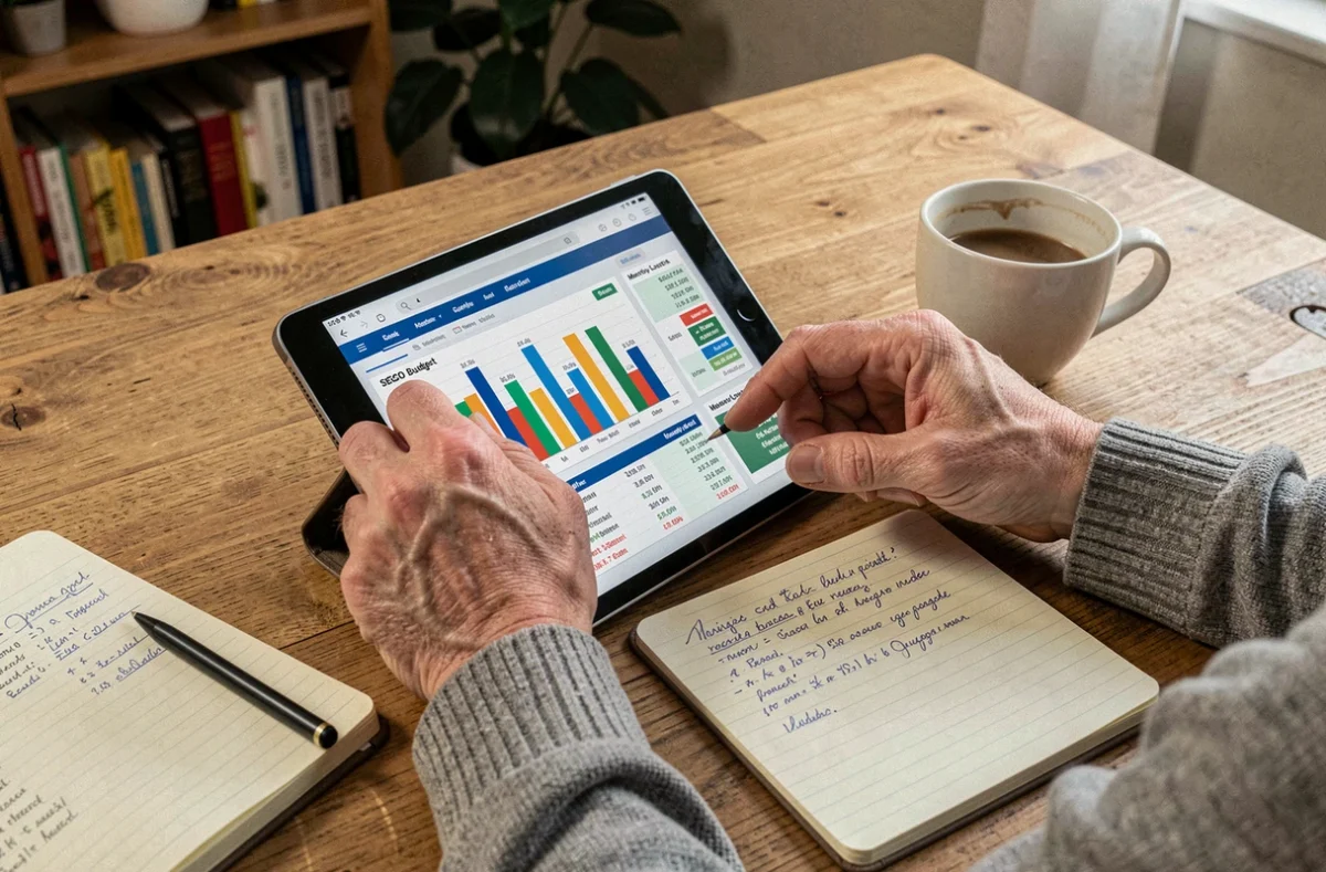 Mains travaillant sur un tableau de budget SEO mensuel sur tablette avec notes manuscrites sur une table en bois à domicile