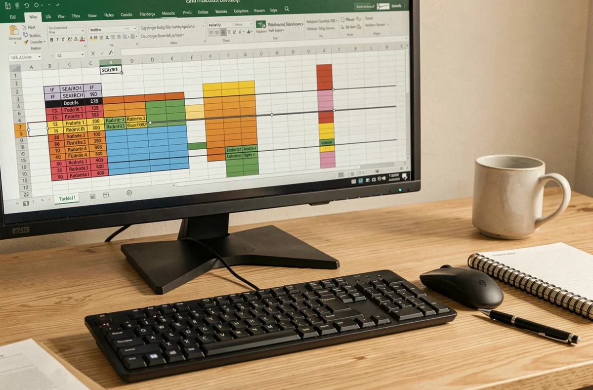Gros plan d'un bureau avec un écran affichant une formule SI contient dans Excel, clavier et cahier de notes visibles
