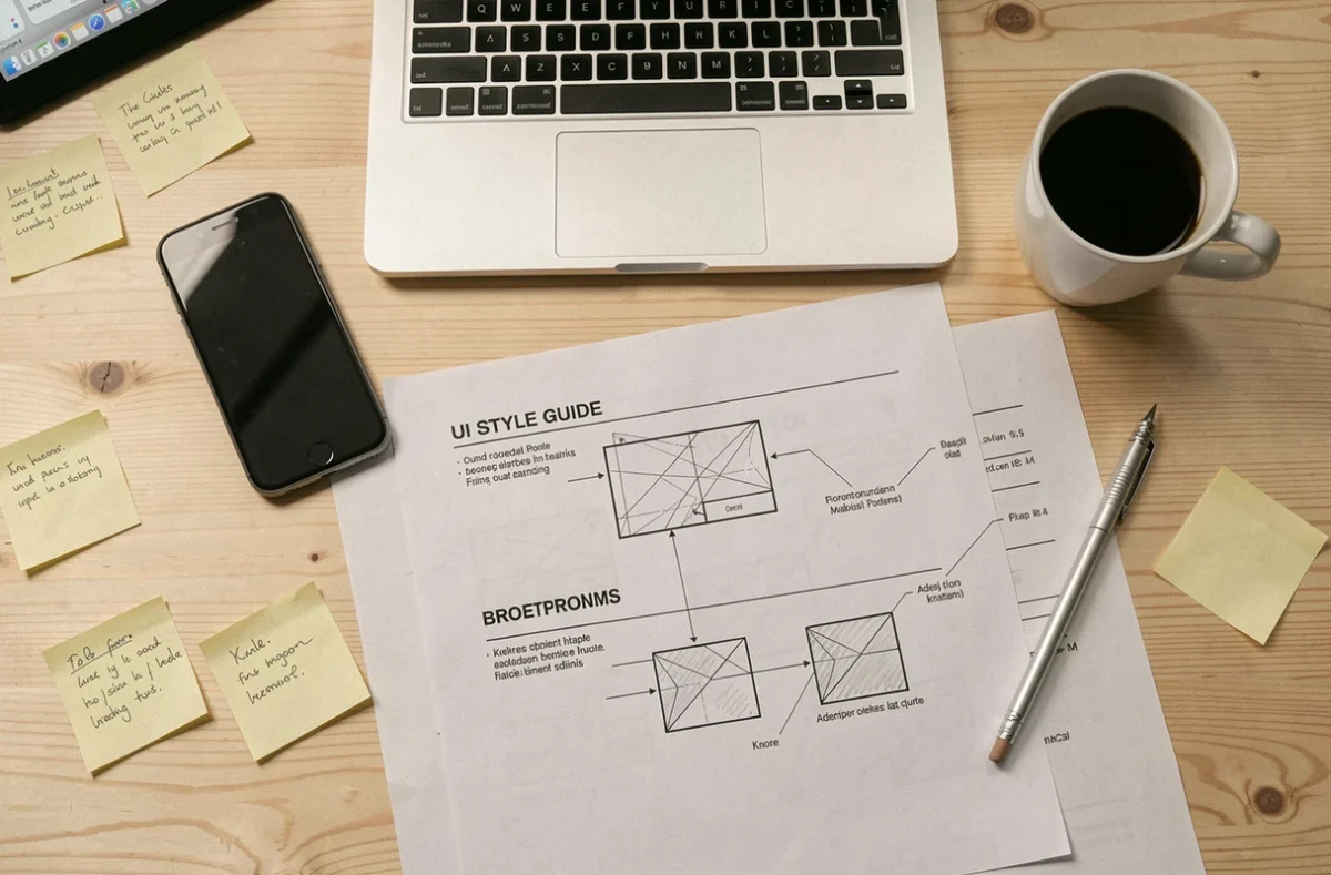 Vue aérienne d'un bureau avec ordinateur portable, smartphone et guide de style UI pour design adaptatif