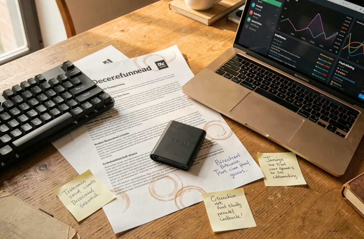 Vue aérienne d'un bureau de travail avec matériel lié aux cryptomonnaies, whitepaper et portefeuille hardware