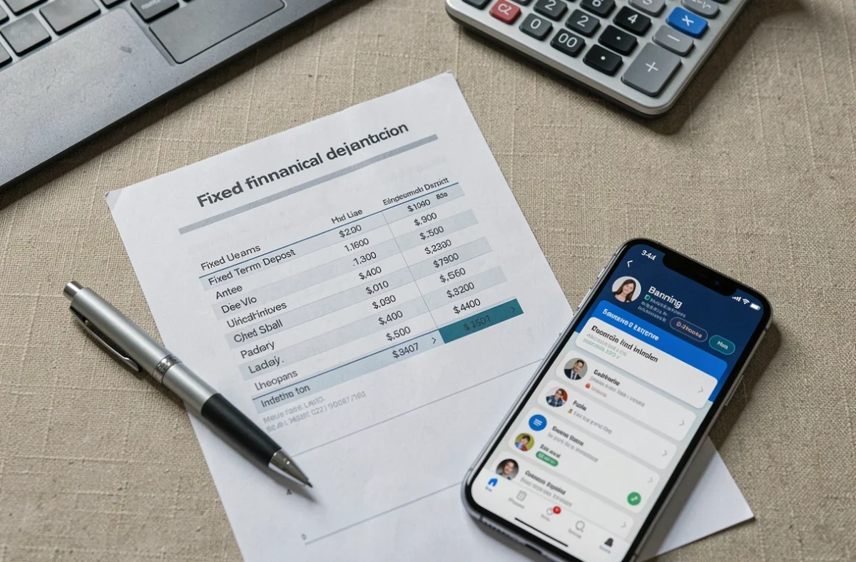 Vue de dessus d'un bureau avec relevé bancaire de dépôt à terme, stylo, smartphone et calculatrice