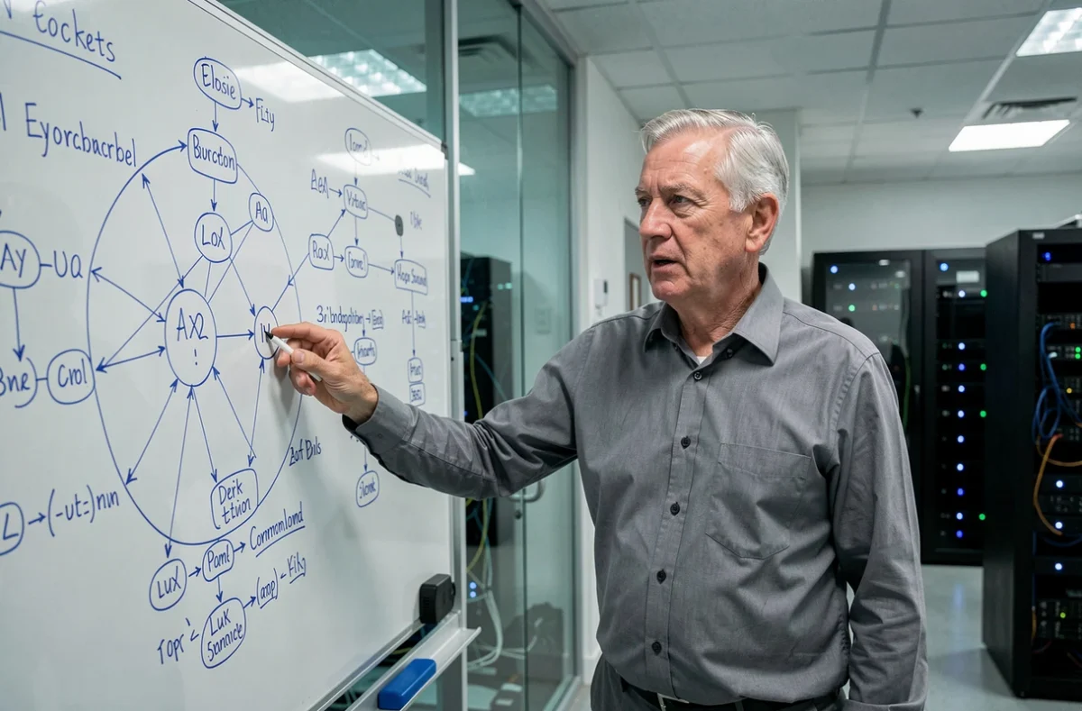 Chercheur senior en intelligence artificielle expliquant des diagrammes de réseaux de neurones sur un tableau en verre dans un laboratoire de recherche en IA moderne