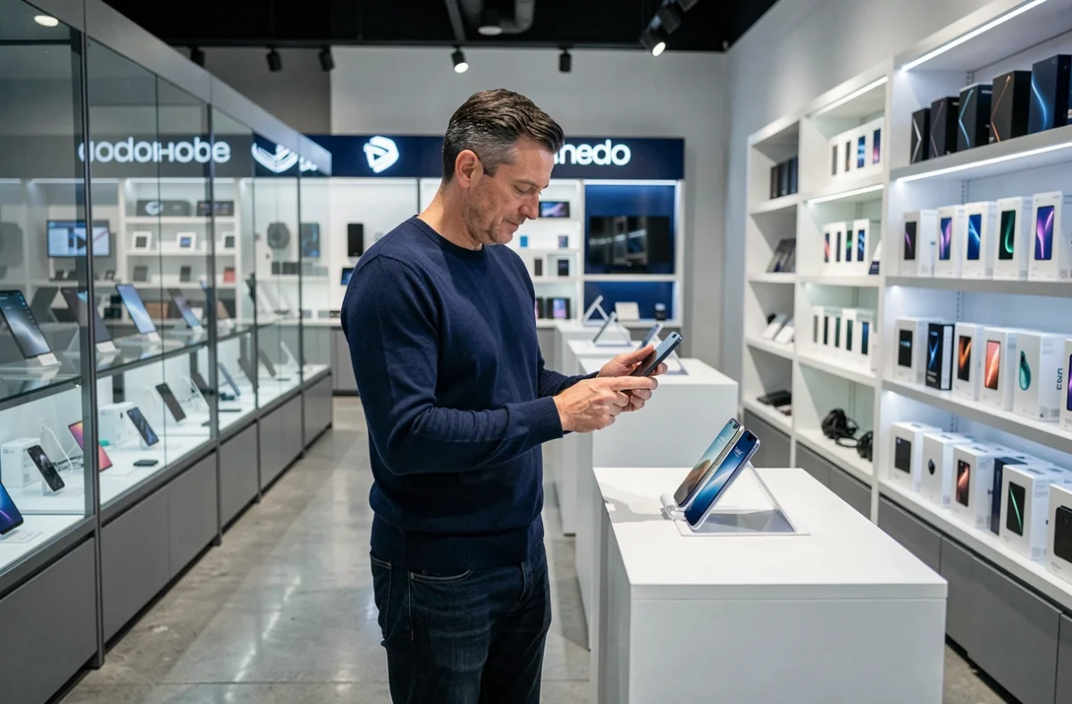 Homme examinant un smartphone haut de gamme dans une boutique de téléphonie pour choisir la marque la plus fiable