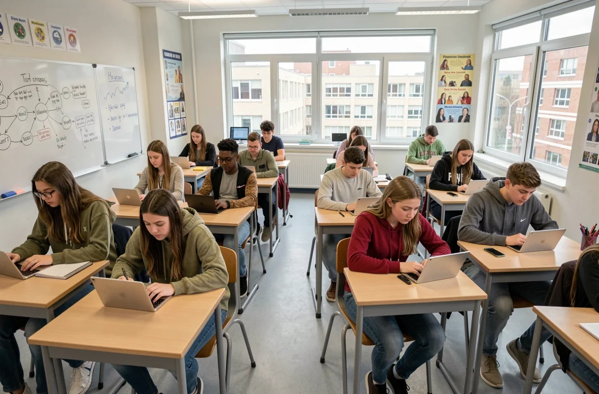 Salle de classe moderne avec des adolescents utilisant des tablettes connectées à Internet pour apprendre