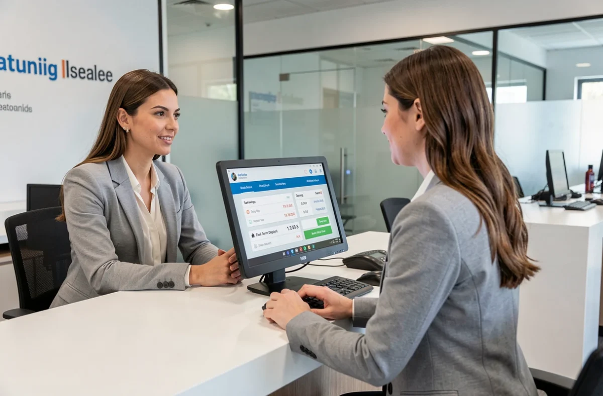 Cliente discutant d'un dépôt à terme avec un conseiller bancaire au guichet d'une banque moderne