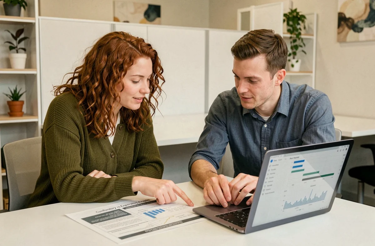 Deux analystes collaborant sur une comparaison entre analyse factorielle exploratoire et confirmatoire autour d'un ordinateur portable dans un espace de coworking