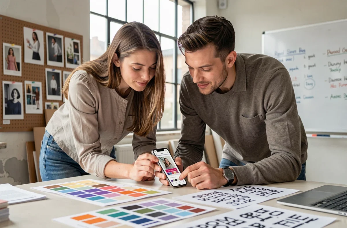 Deux professionnels créatifs collaborant sur une application de création d'affiches dans un studio de design