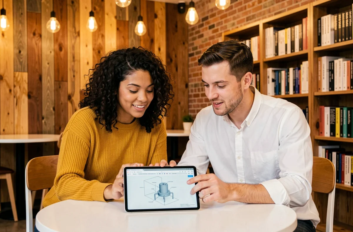 Deux jeunes collègues collaborant autour d'une tablette avec un schéma 3D innovant dans un espace de coworking créatif