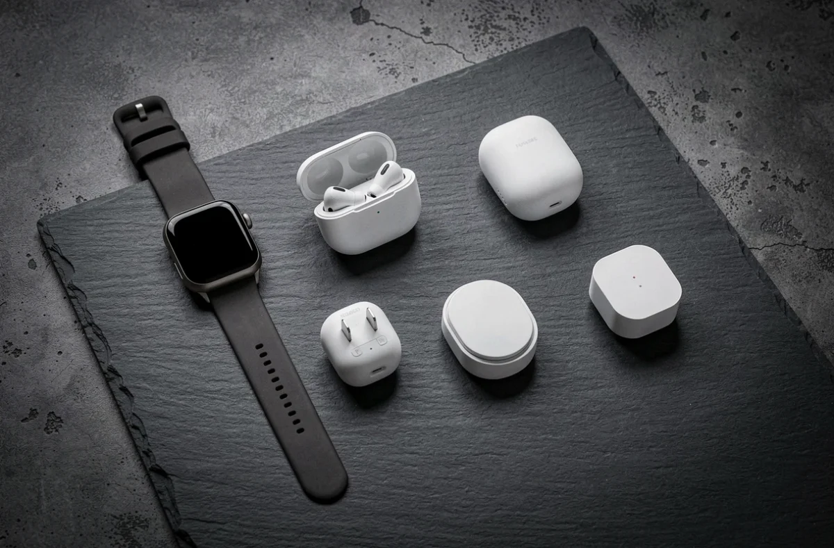 Collection d'appareils IoT grand public en flat-lay sur fond ardoise, incluant montre connectée, capteur de porte et prise intelligente