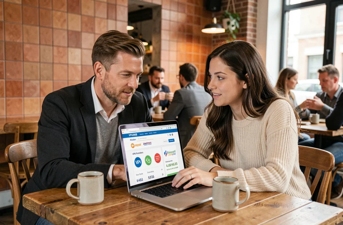 Deux collègues comparant des VPN sur un ordinateur portable dans un café branché