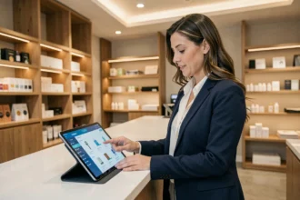 Commerçante utilisant une tablette avec intelligence artificielle pour gérer son inventaire en boutique