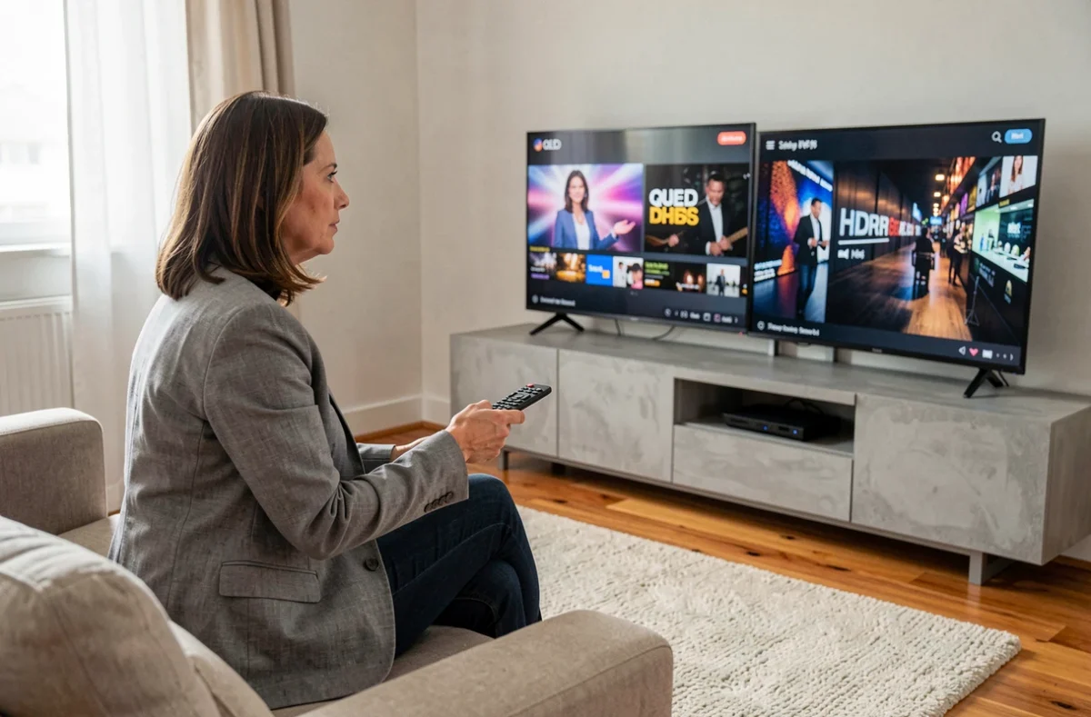 Femme comparant deux écrans QLED et HDR dans un salon moderne avec télécommande en main