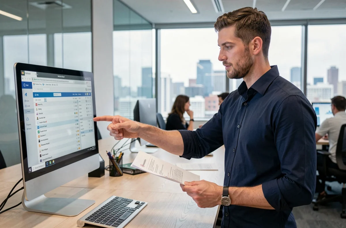 Professionnel en open space comparant un email imprimé avec une boîte de réception numérique sur écran
