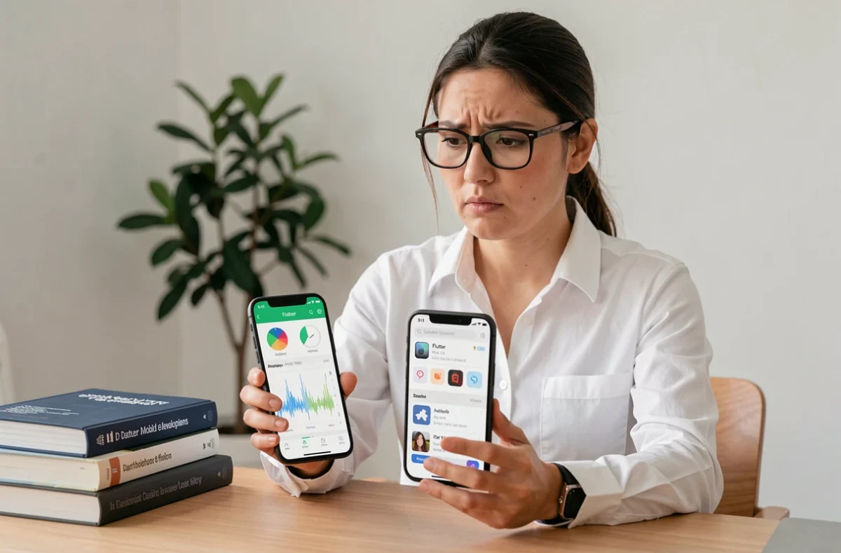 Développeuse mobile comparant les différences d'interface Flutter entre Android et iOS sur deux smartphones