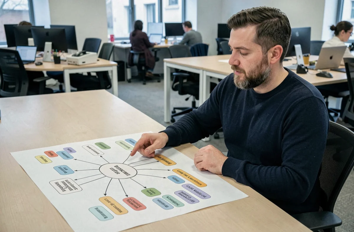 Professionnel du référencement comparant des mots-clés à courte et longue traîne sur une carte mentale imprimée dans un espace de coworking