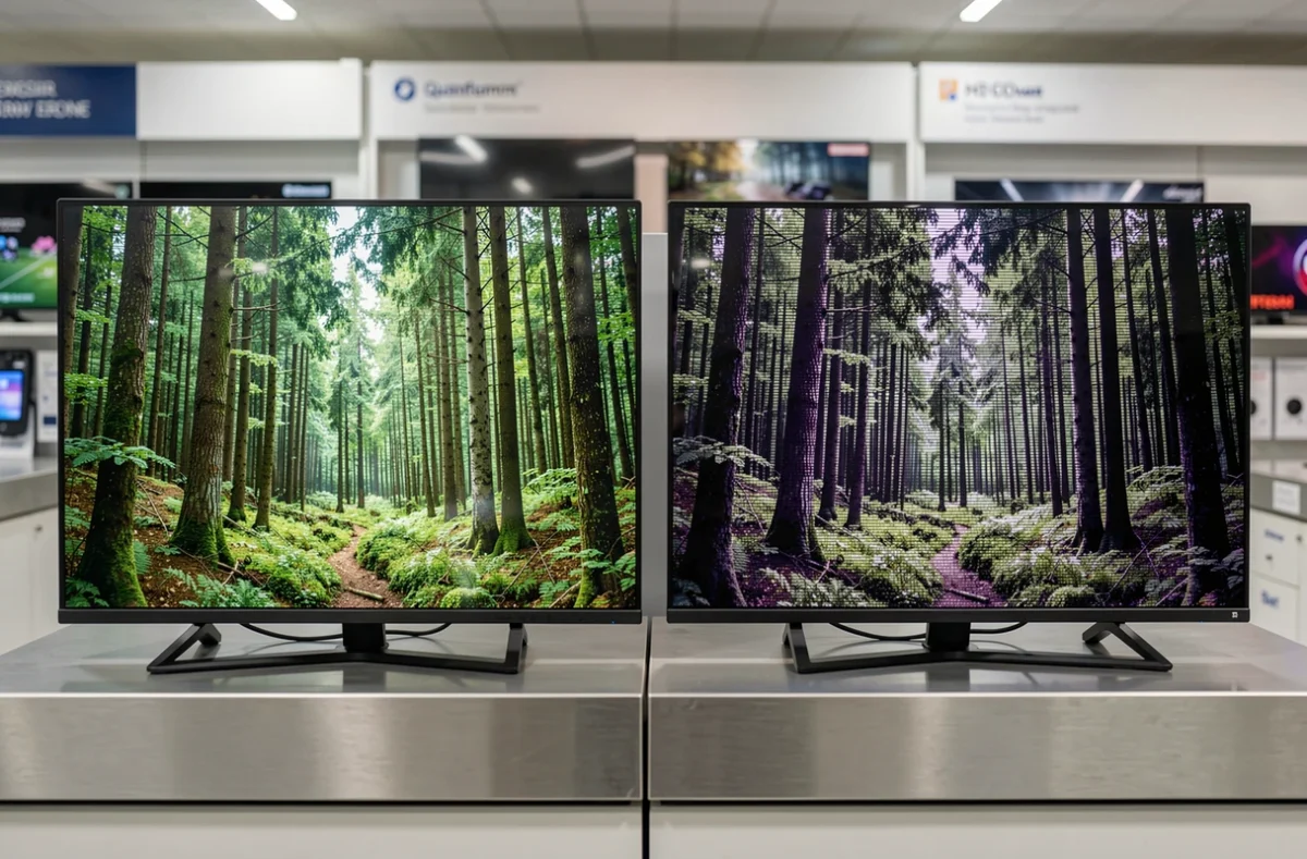 Comparaison côte à côte d'un écran QLED et HDR dans un magasin d'électronique, rendu des couleurs et contraste