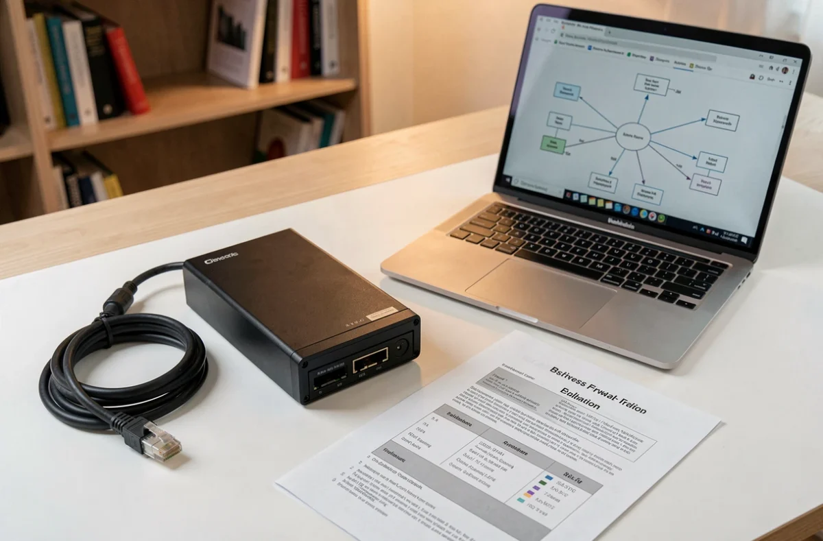 Comparaison entre un pare-feu matériel et un logiciel sur un bureau avec ordinateur portable et câble réseau