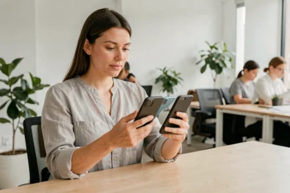 Femme comparant plusieurs smartphones de marques différentes dans un bureau moderne pour évaluer la fiabilité