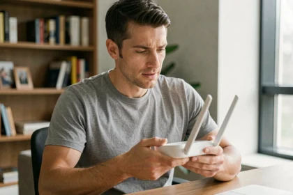 Homme tenant un routeur Wi-Fi moderne à son bureau pour comparer les technologies Wi-Fi 6 et Wi-Fi 7