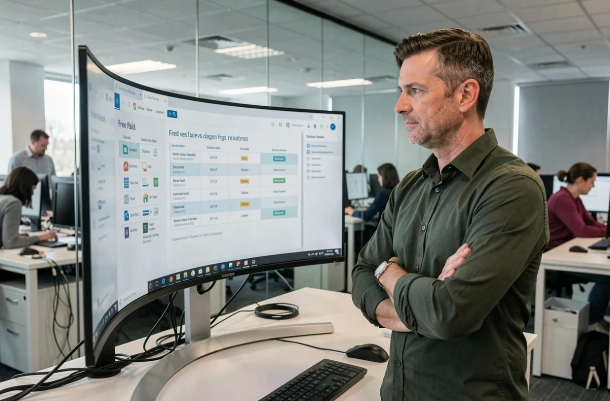 Homme en entreprise comparant les fonctionnalités gratuites et payantes d'un logiciel de conversion sur grand écran