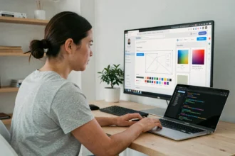 Conceptrice web travaillant sur un logiciel de design sur grand écran dans un bureau moderne