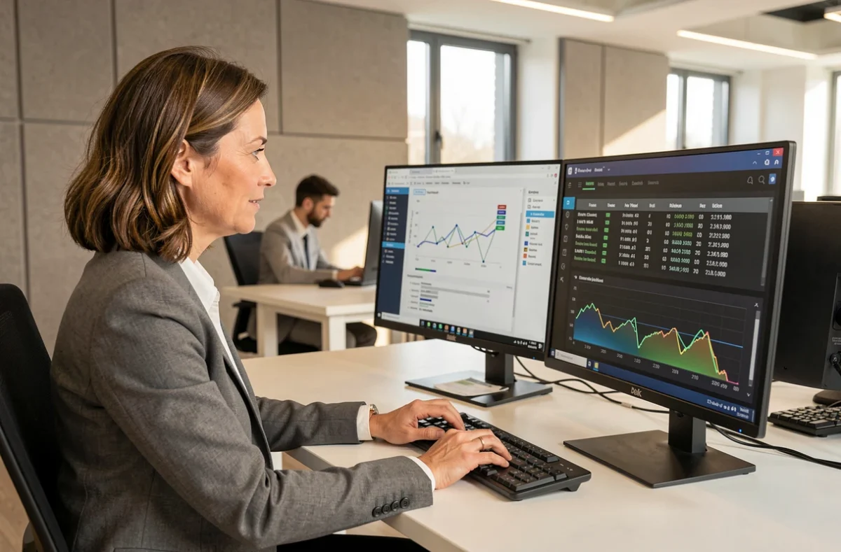 Professionnelle en informatique configurant un logiciel pare-feu sur un poste de travail à double écran dans un bureau moderne