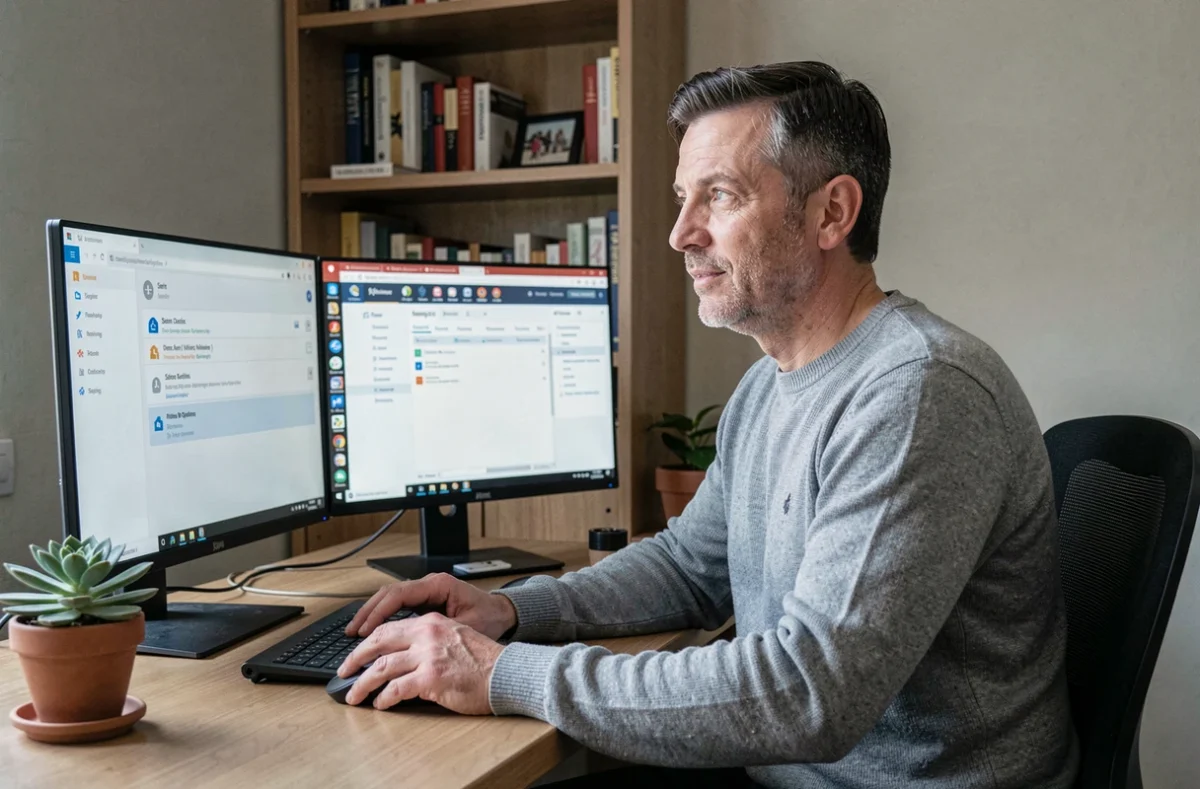 Homme configurant un compte e-mail dans Outlook sur un bureau à domicile avec double écran