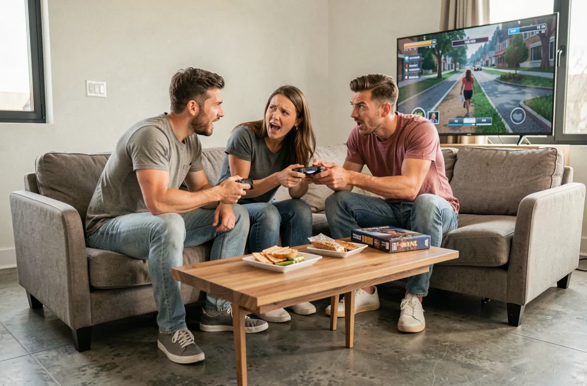 Groupe d'amis en conflit autour d'une manette de jeu vidéo, illustrant les tensions sociales liées aux aspects négatifs du jeu