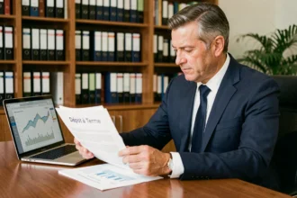 Conseiller financier en costume marine examinant un contrat de dépôt à terme sur son bureau en bois
