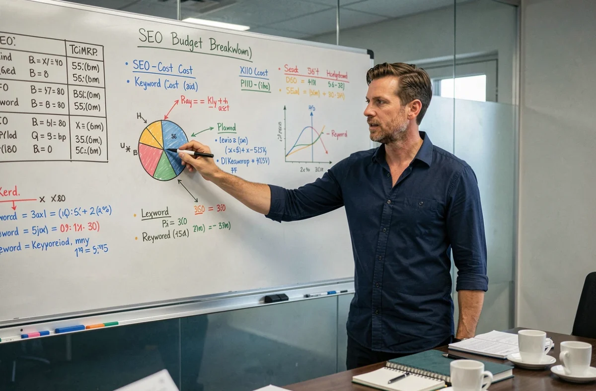 Consultant SEO présentant une répartition de budget et des projections de ROI sur un tableau blanc en salle de réunion