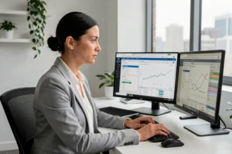 Consultante SEO analysant un audit de site web sur deux écrans d'ordinateur dans un bureau moderne
