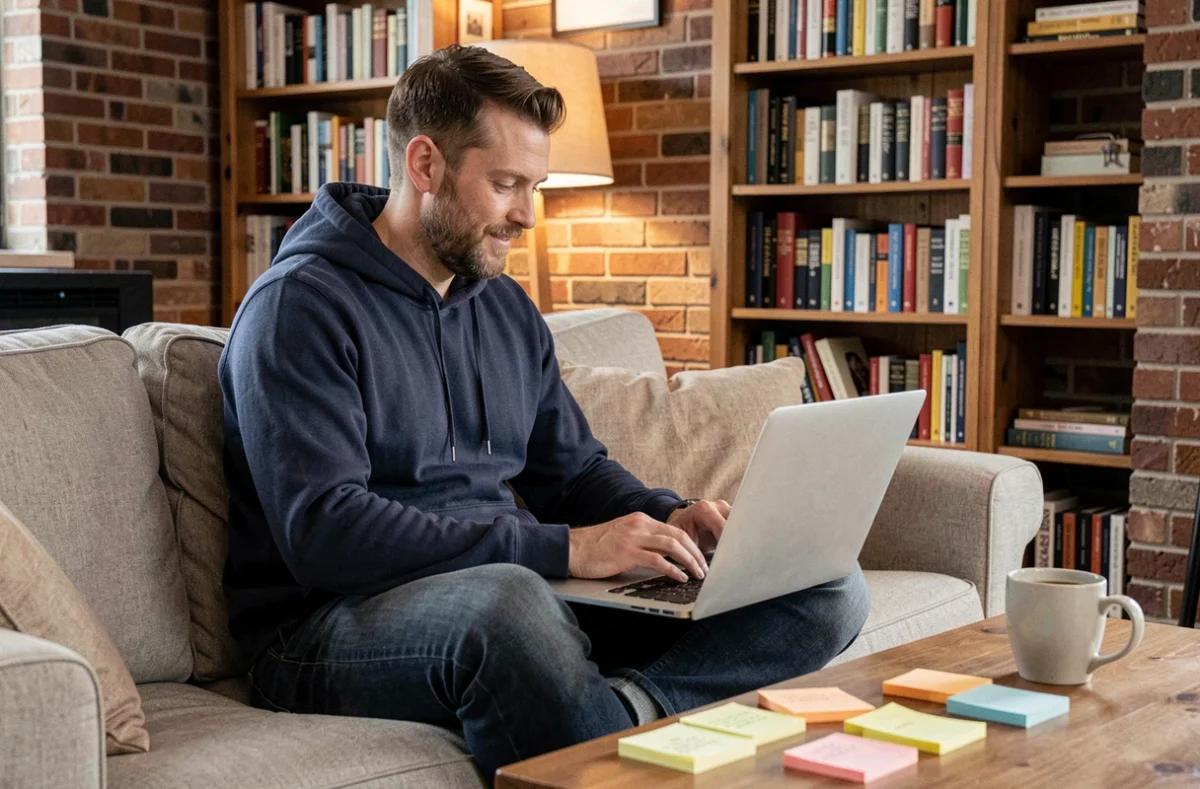 Homme rédigeant du contenu pour son site web depuis son canapé pour augmenter son trafic organique