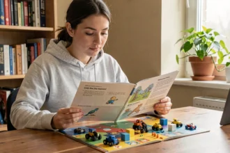 Jeune femme découvrant les règles d'un jeu de plateau pour débutants à son bureau à domicile